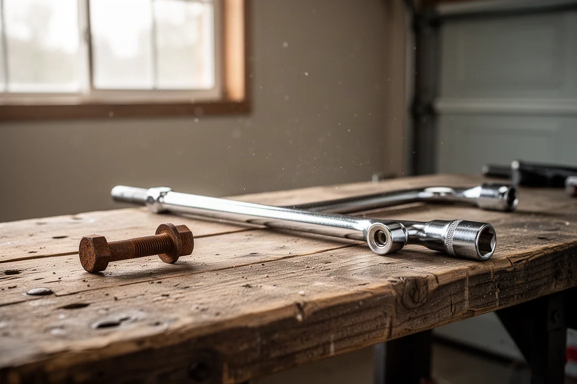 Mechanic reaching for a long breaker bar in a garage setting