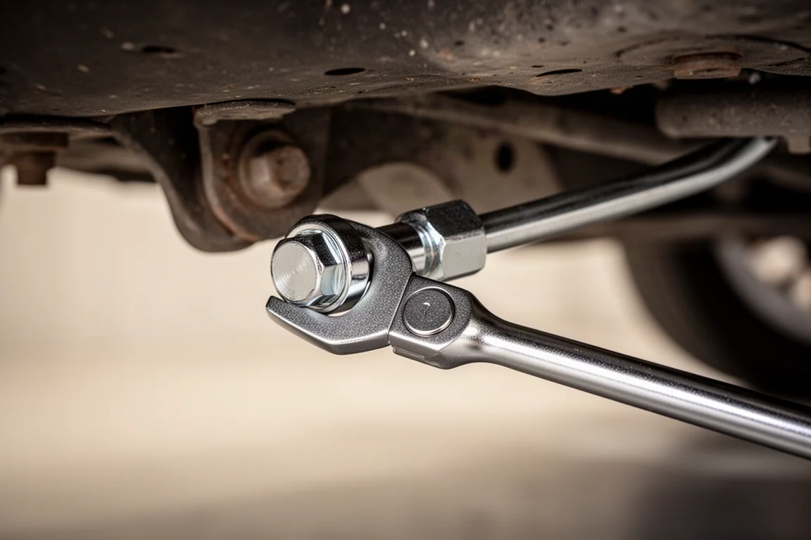 Flare nut crowfoot wrench fitted to a brake line fitting on a vehicle