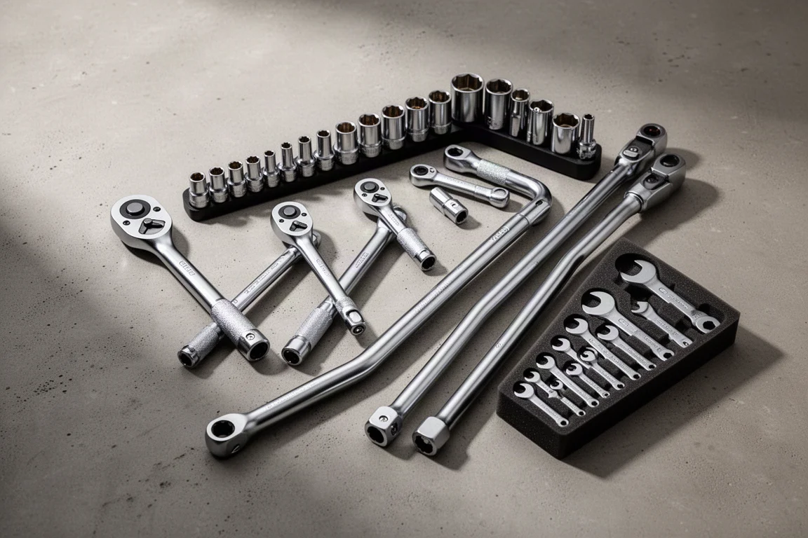 Flat-lay of chrome ratchets, sockets on a rail, breaker bars and crowfoot wrenches on concrete