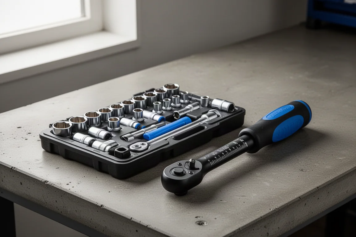 Capri Tools 12-point socket set in a tray beside a black and blue torque wrench