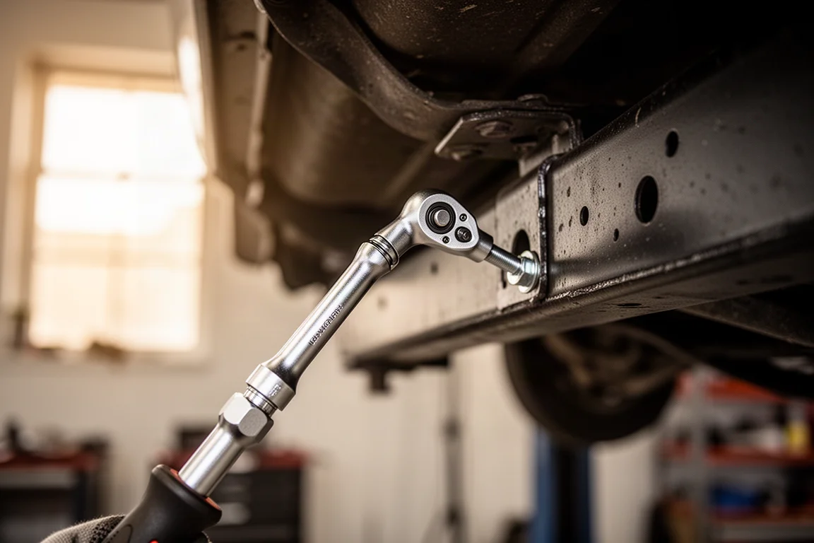 Deep universal joint on an extension reaching a recessed bolt on a truck chassis