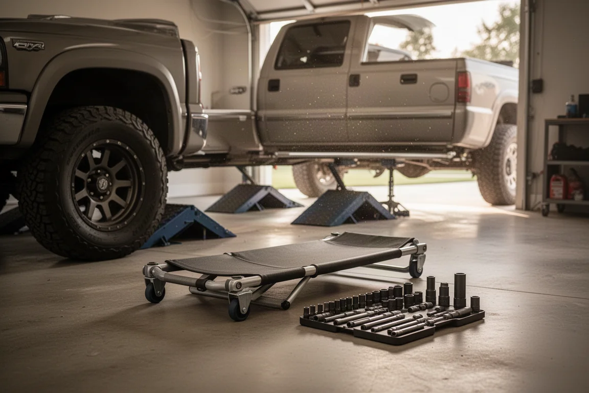 DIY mechanic working under a pickup truck with tools laid out nearby
