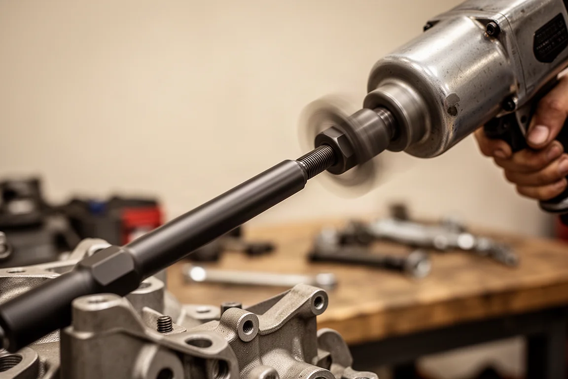 Impact wrench driving a bolt with an extension in a workshop setting