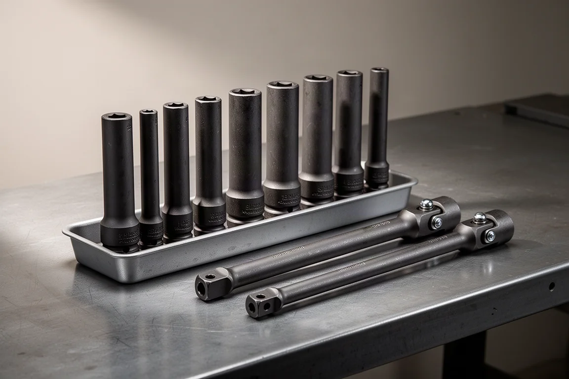 Capri Tools metric impact socket set with long pinless universal extensions on a workbench