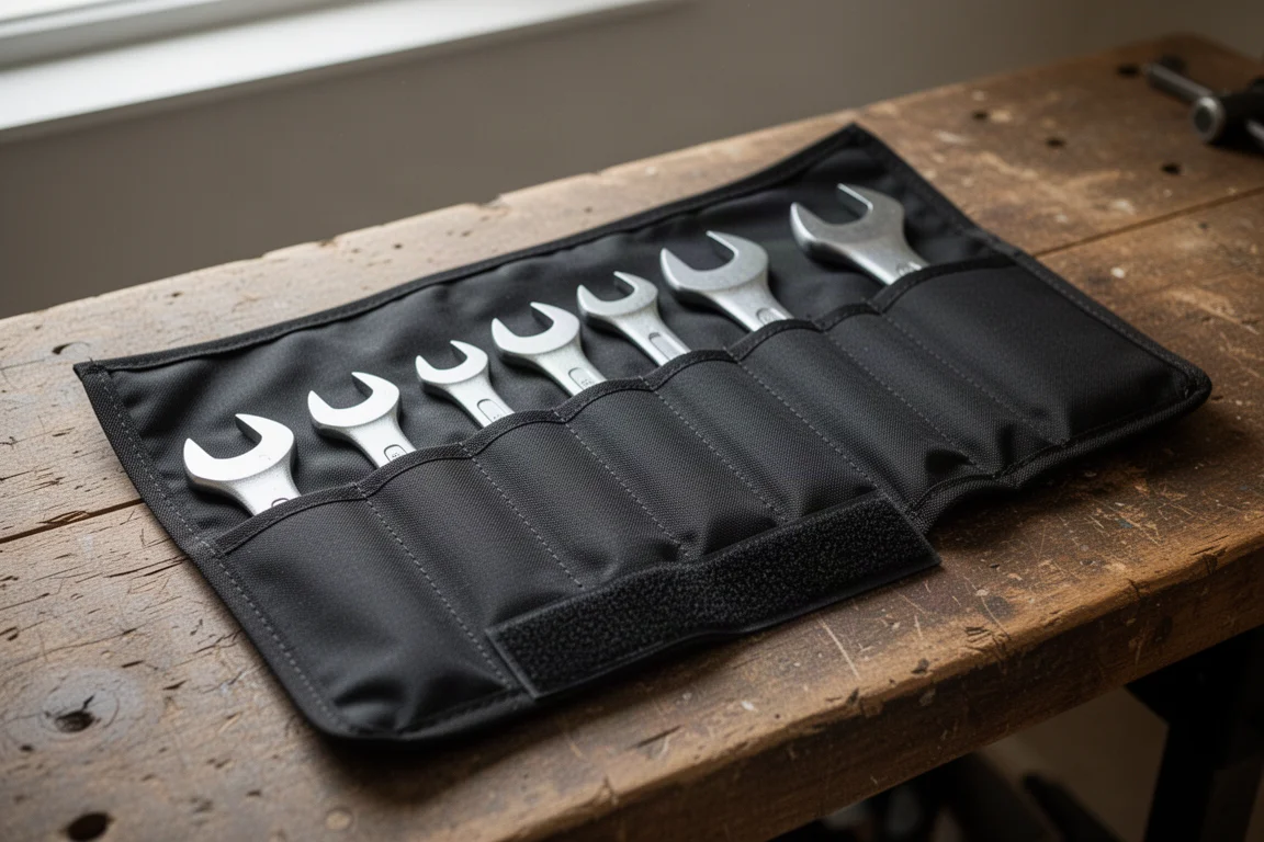 Unrolled tool roll with individual wrench slots on a workbench