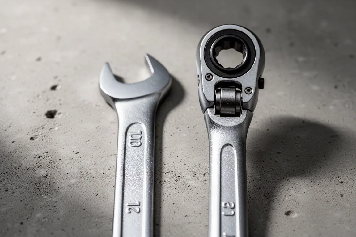 Close-up comparing the large head of a ratcheting wrench with a standard combination wrench
