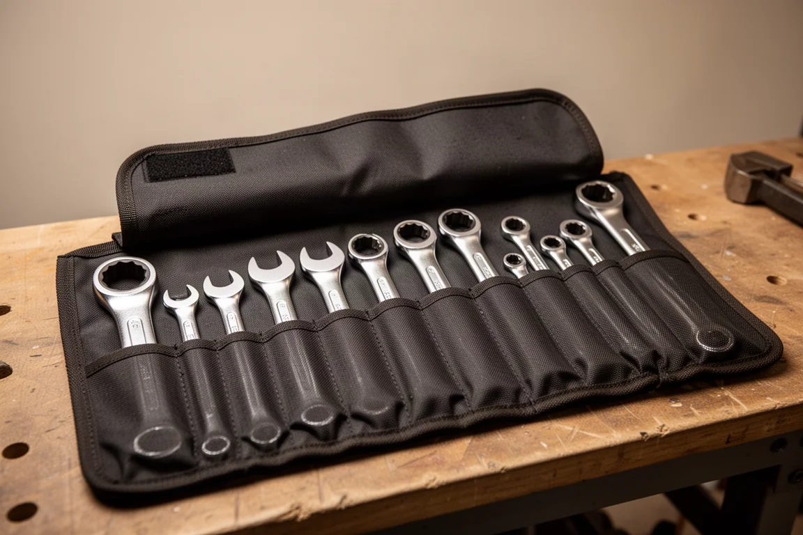 Ratcheting wrenches loaded into the slots of a nylon tool roll
