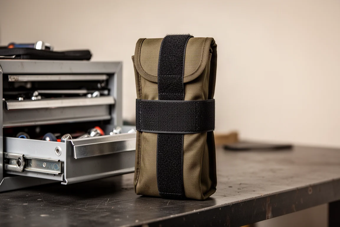 Rolled and strapped tool roll secured with velcro on a workbench