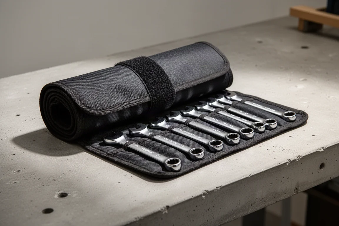 Rolled nylon tool roll with ratcheting wrenches partially visible on a workbench