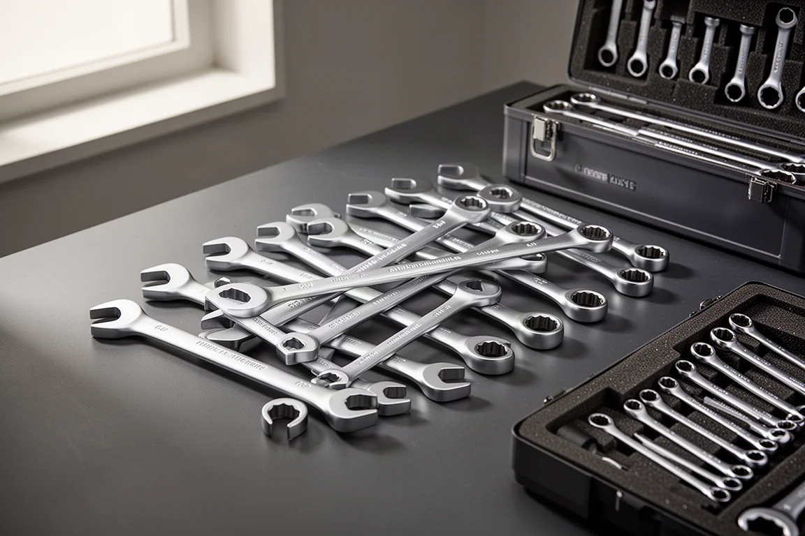 Fanned set of chrome combination wrenches beside a foam toolbox tray on a workbench