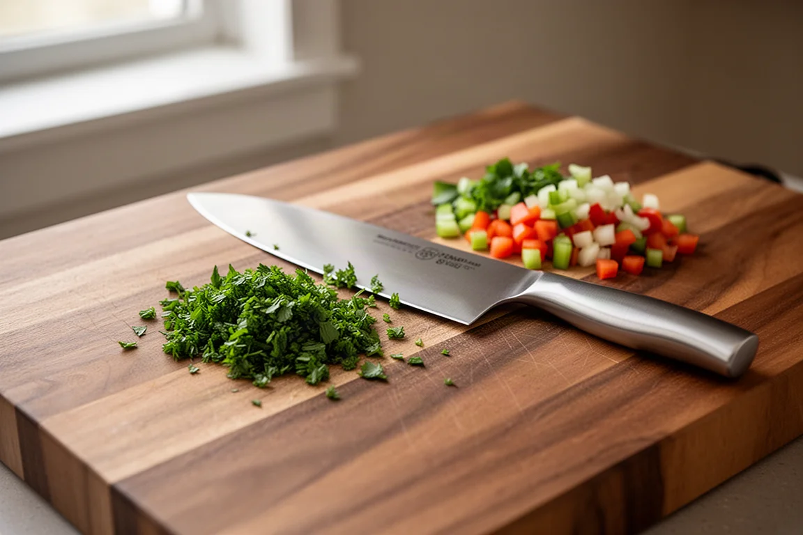 Chef's knife resting on a wooden cutting board with freshly chopped herbs