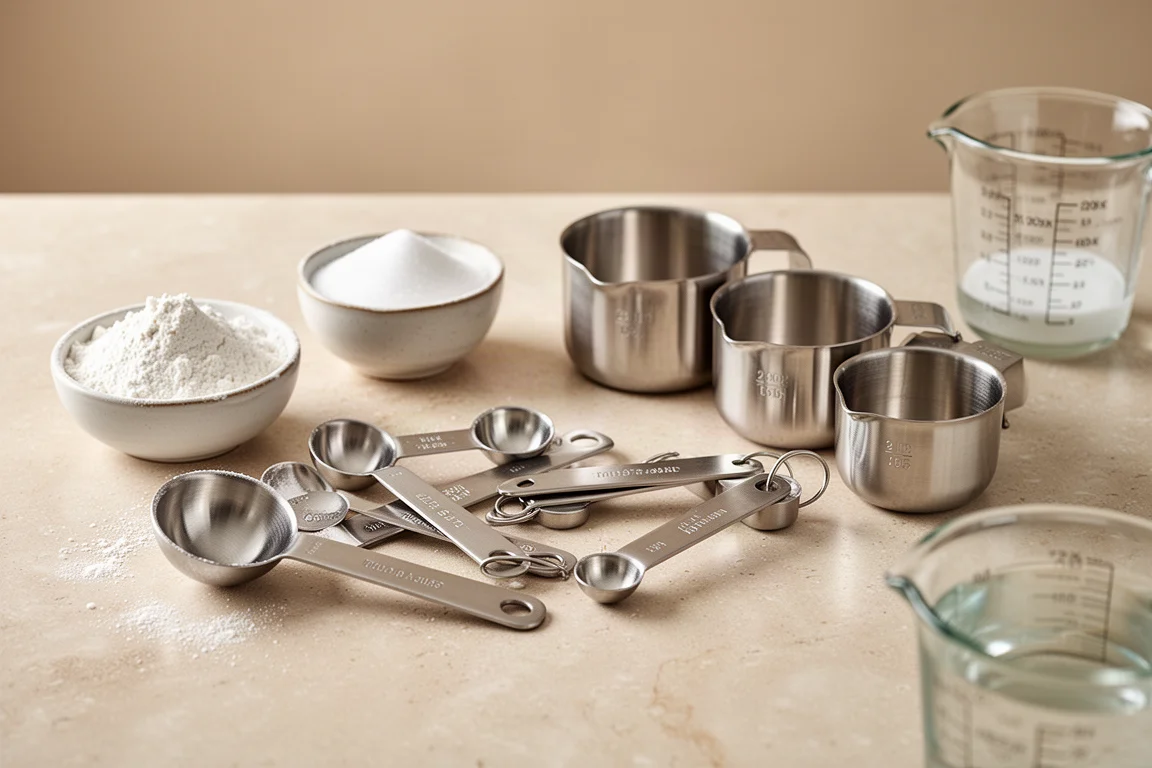 Measuring cups and spoons arranged on a kitchen counter with baking ingredients