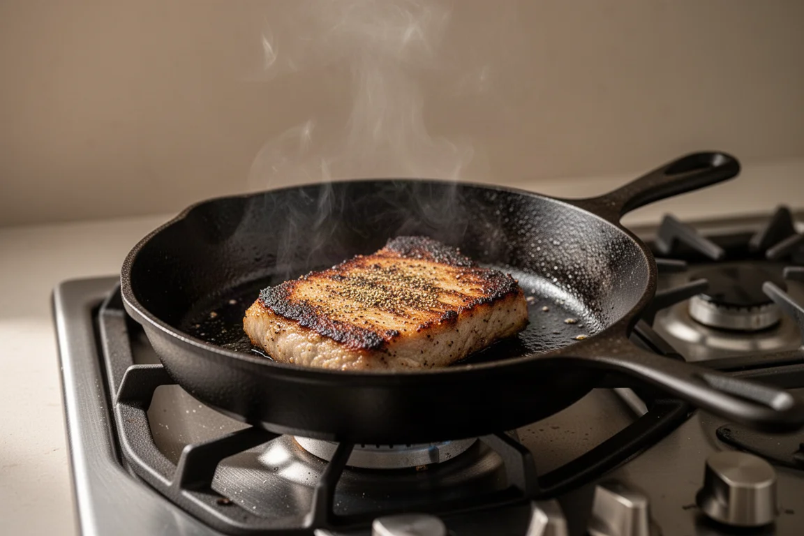 Cast iron skillet searing food on a stovetop with gentle steam rising