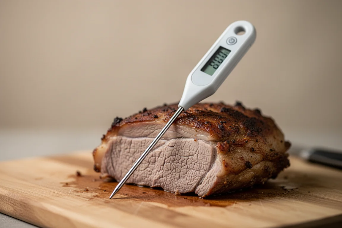 Instant-read thermometer inserted into cooked food to check doneness