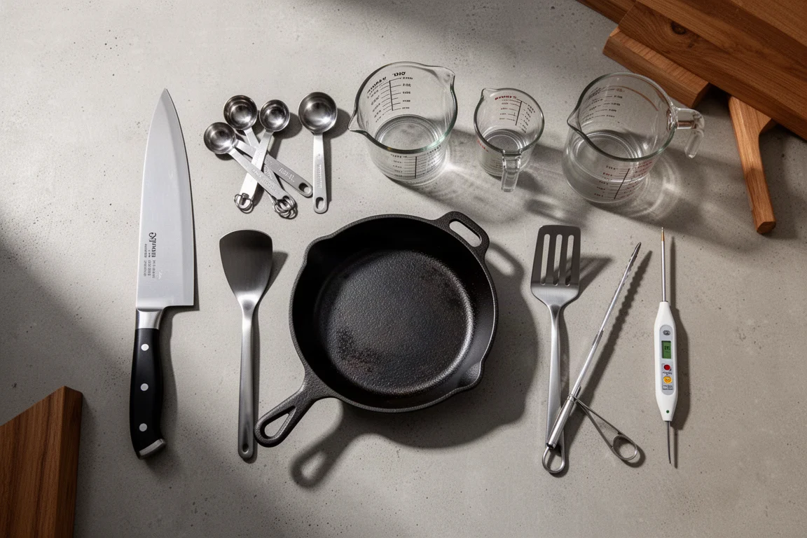 Flat-lay of essential kitchen tools including knife, measuring cups, skillet, spatula, tongs, and thermometer