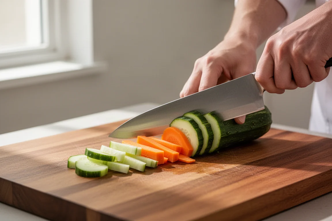 Chef slicing vegetables on a wooden cutting board in a bright kitchen