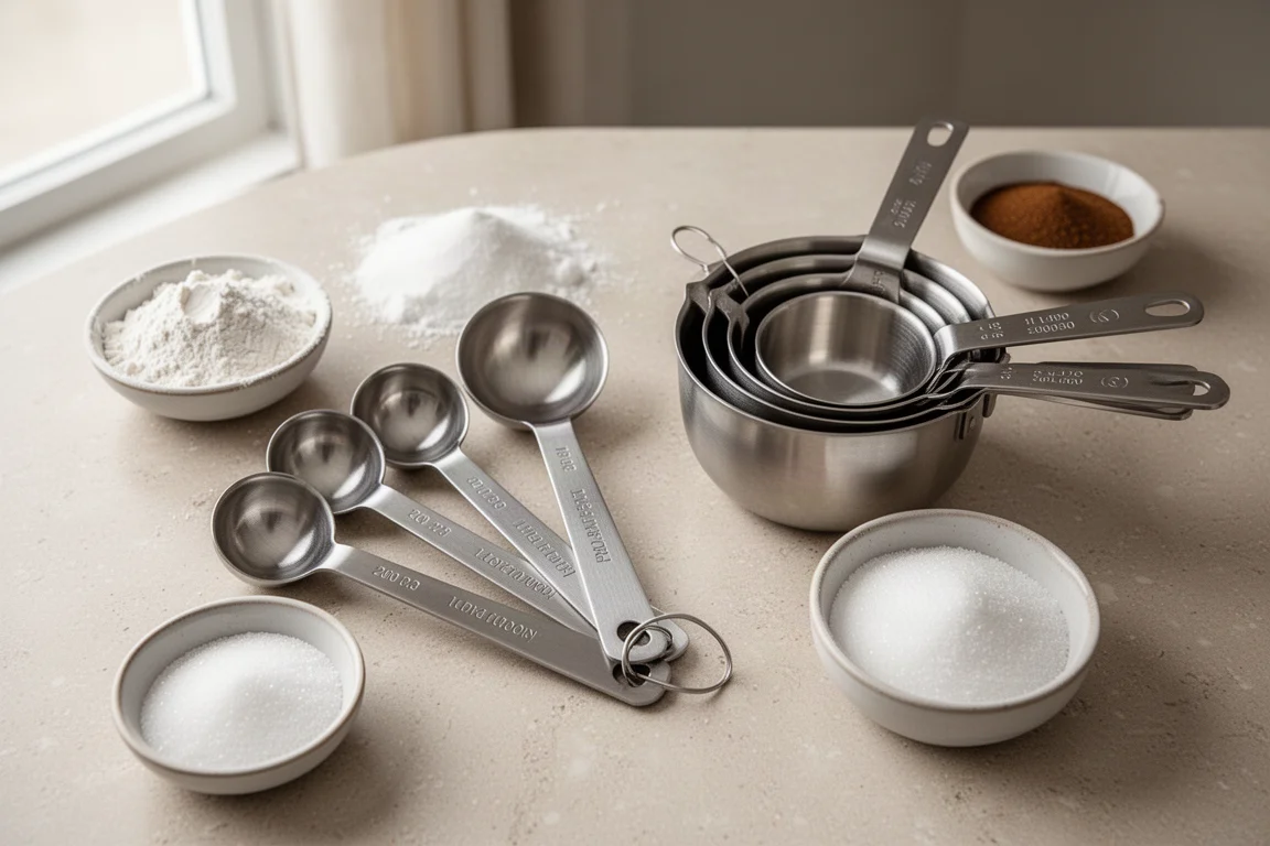 Measuring spoons and cups arranged on a kitchen counter with baking ingredients