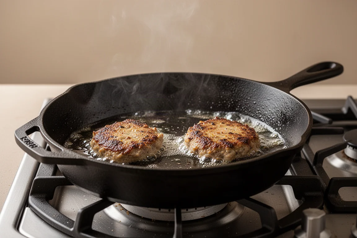 Cast iron skillet searing food on a stovetop with gentle steam
