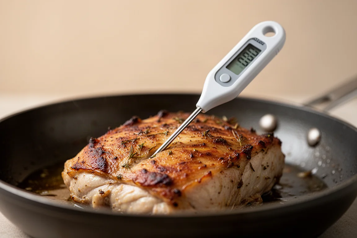 Instant-read thermometer checking the temperature of cooked food