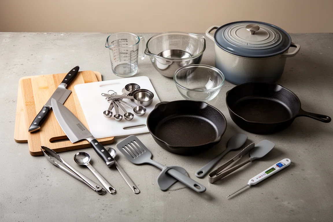 Essential kitchen gear arranged on a concrete surface including knife, boards, bowls, skillet, Dutch oven, and thermometer