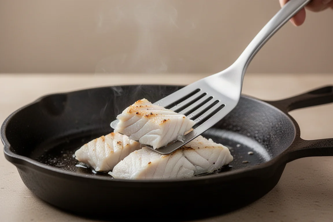 A slim fish spatula lifting a piece of cooked fish from a pan