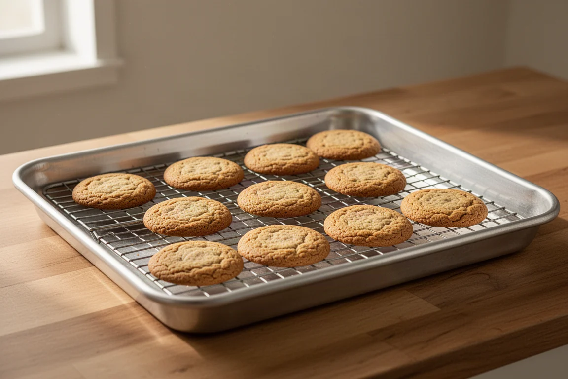 Freshly baked cookies cooling on a wire rack set inside a sheet pan