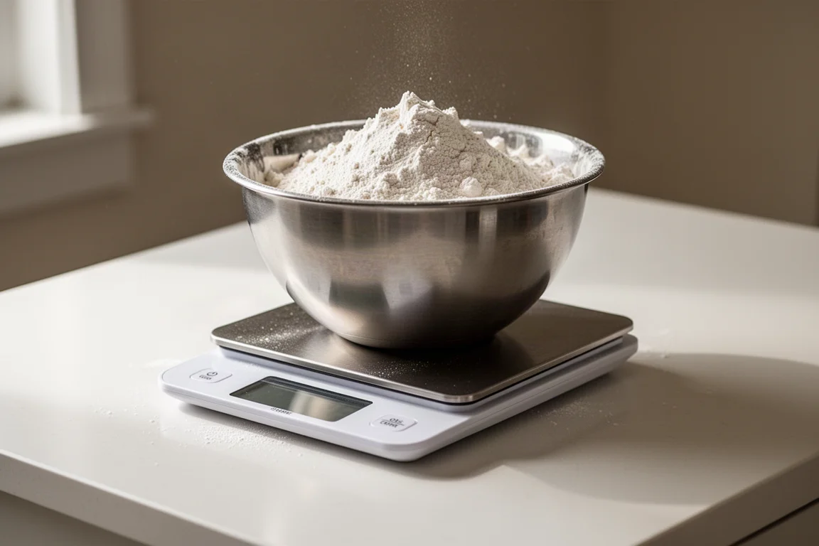 A compact digital kitchen scale displaying a measurement next to a mixing bowl