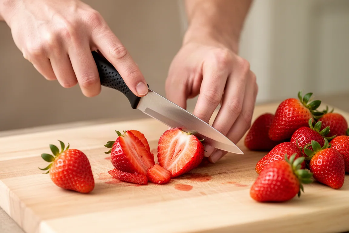 Hands using a small paring knife to hull strawberries on a cutting board
