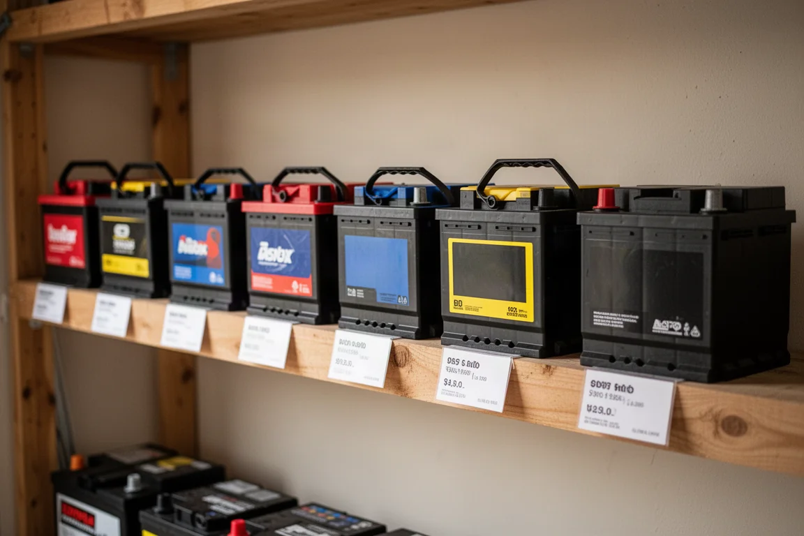 Row of car batteries on a garage shelf with price tags visible