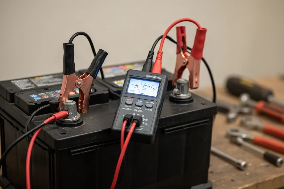 Digital battery tester connected to a car battery showing readings