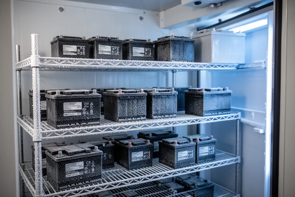 Car batteries placed inside a large freezer for cold cranking test