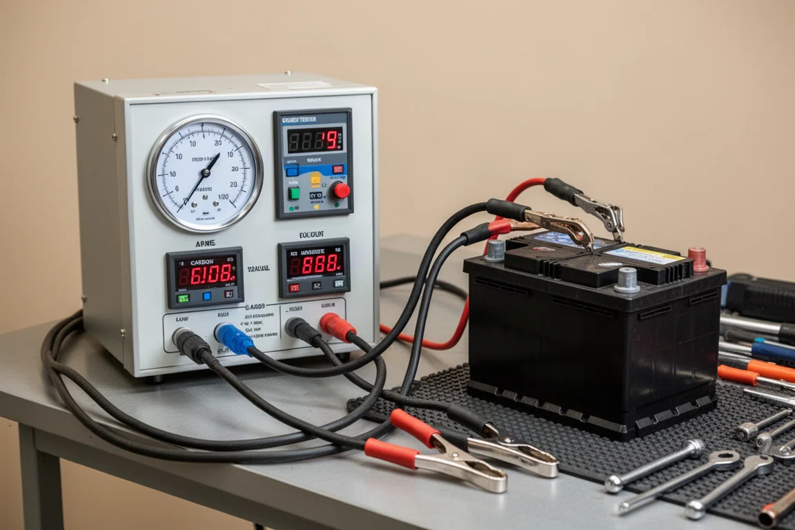 Carbon pile load tester with digital gauges connected to a car battery