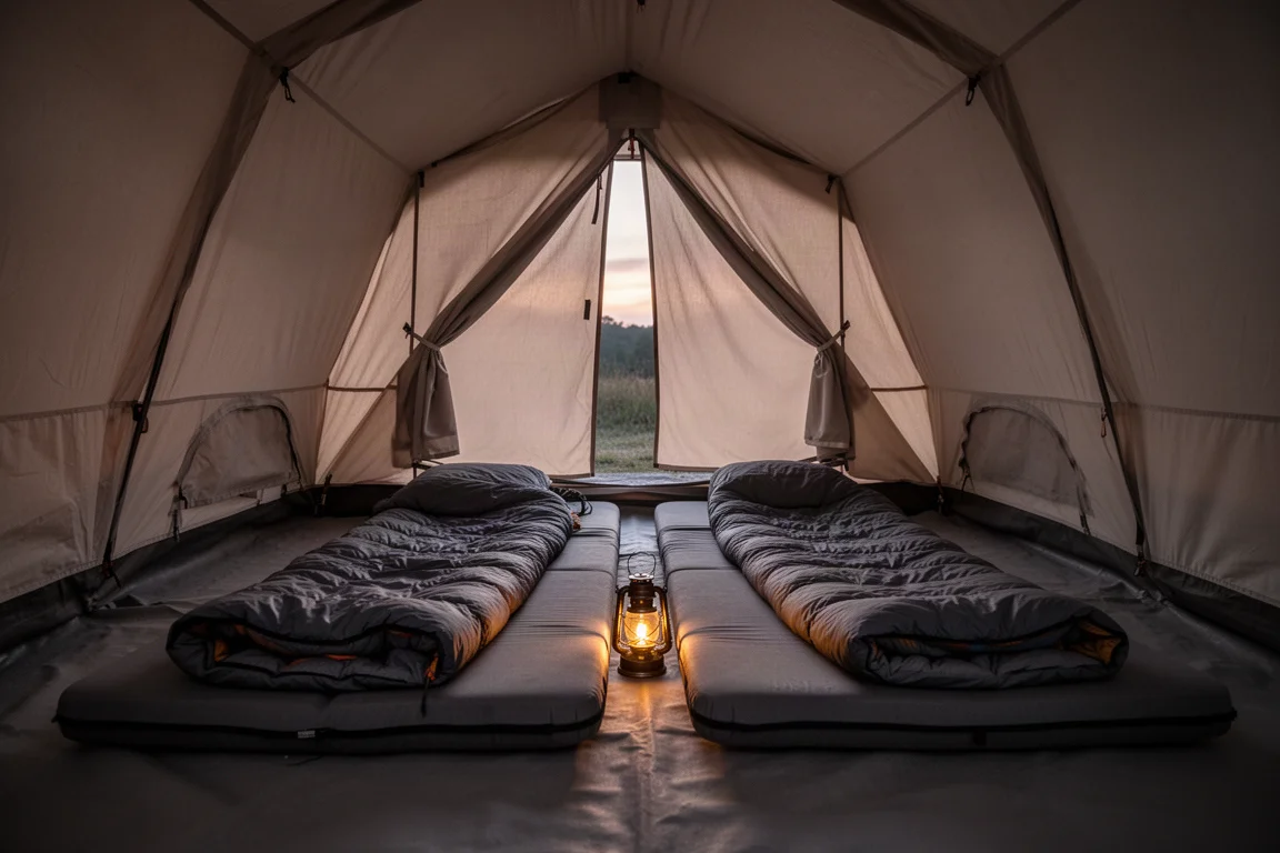 Tent interior at dusk with two wide sleeping pads laid side by side and a lantern