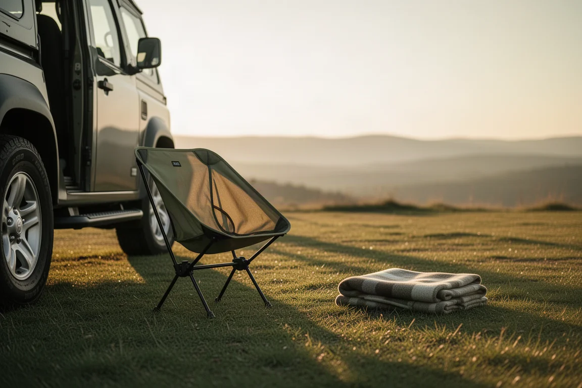Compact ultralight camp chair set up beside a parked vehicle at golden hour