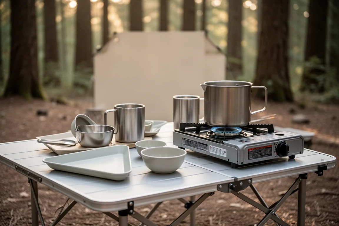 Camp table set for a meal outdoors with plates, mugs and a small stove