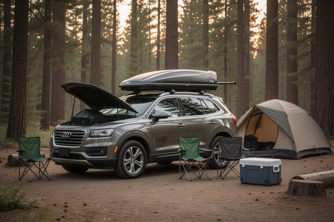 Mid-size SUV at a forest campsite with an open roof cargo box and camp gear