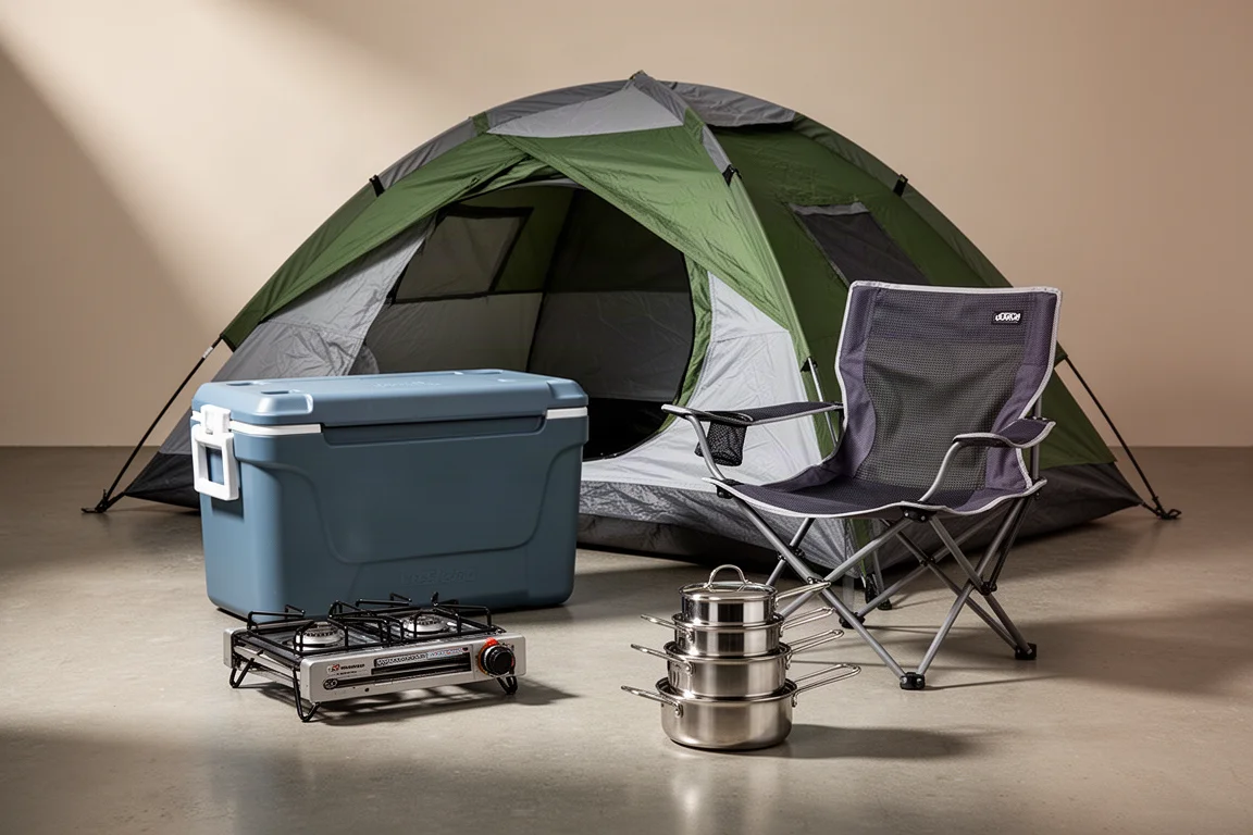 Bilcampingutrustning inklusive tält, kylbox, campingkök, campingstol och kokset på en neutral yta