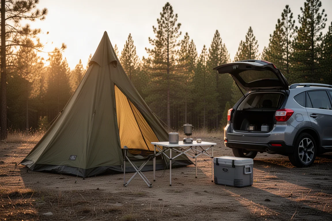 Ordentliches Car-Camping-Setup zur goldenen Stunde mit Zelt, Klapptisch, Campingkocher und geöffnetem Kofferraum