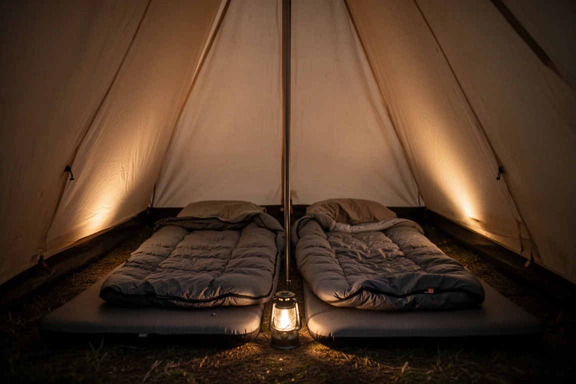 Innenraum eines hohen Zeltes bei Nacht mit zwei breiten Isomatten und einem gesteppten Schlafsack