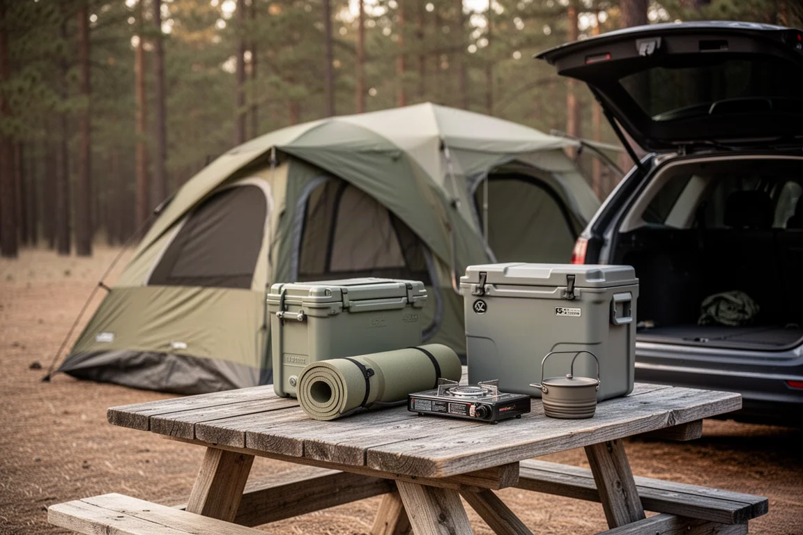 Car camping gear including a tall tent, cooler, sleeping pad, and camp stove beside an open car trunk