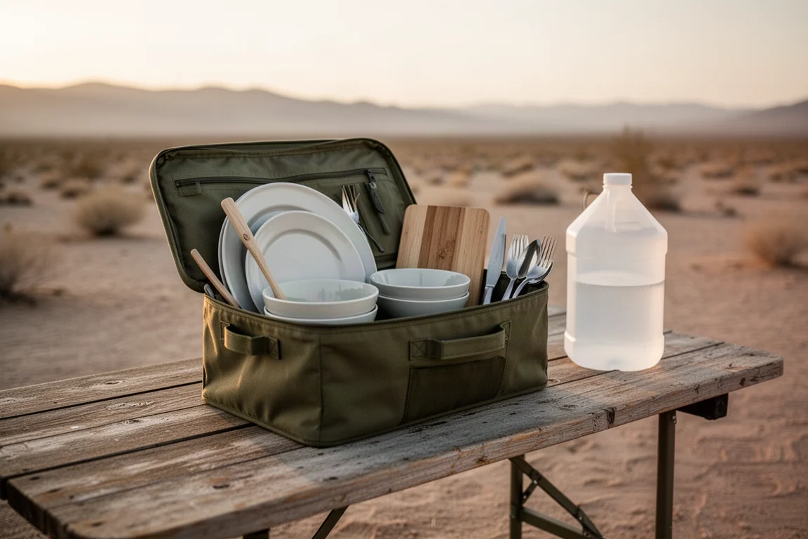 Open camp kitchen tote with plates and utensils on a wooden table in the desert at sunrise