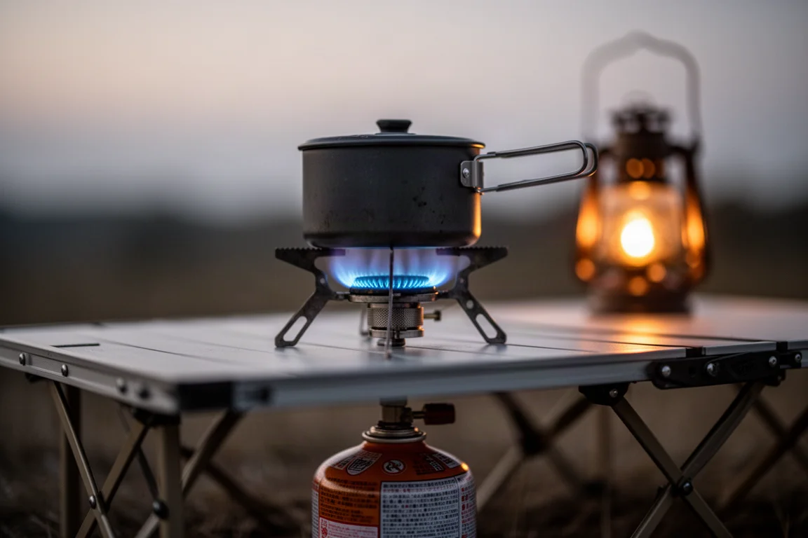 Compact canister stove burning under a small pot on a camp table at dusk