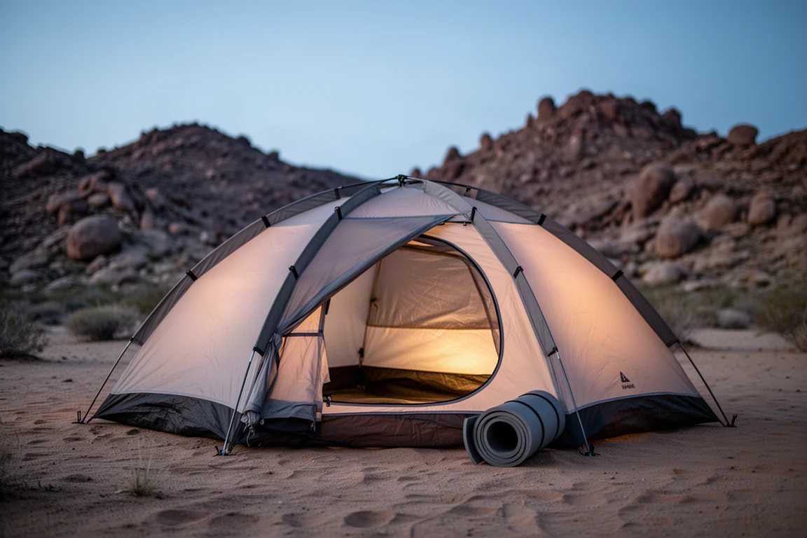 Three-person tent glowing with warm light on sandy desert ground at blue hour