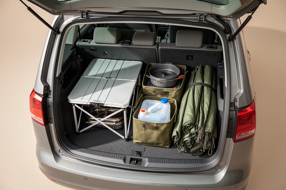 Overhead view of camping gear packed in an open vehicle cargo area