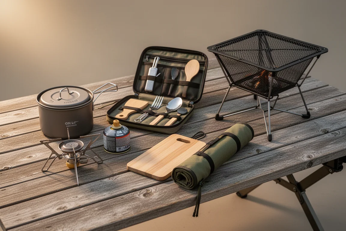 Car camping gear arranged on a weathered wooden camp table in a desert setting
