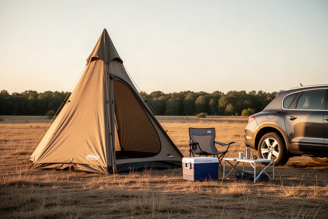 Zona de camping para coche a la hora dorada con una tienda de cúpula alta, silla de camping y nevera