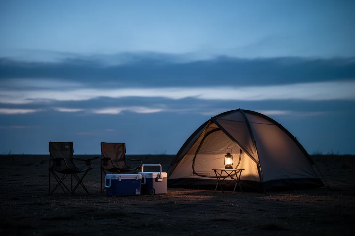 Zona de camping para coche al atardecer con tienda, sillas de camping, nevera y linterna encendida