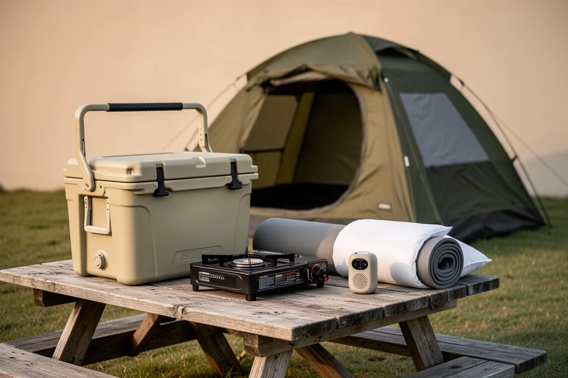 Car camping essentials on a picnic table with a tall dome tent behind