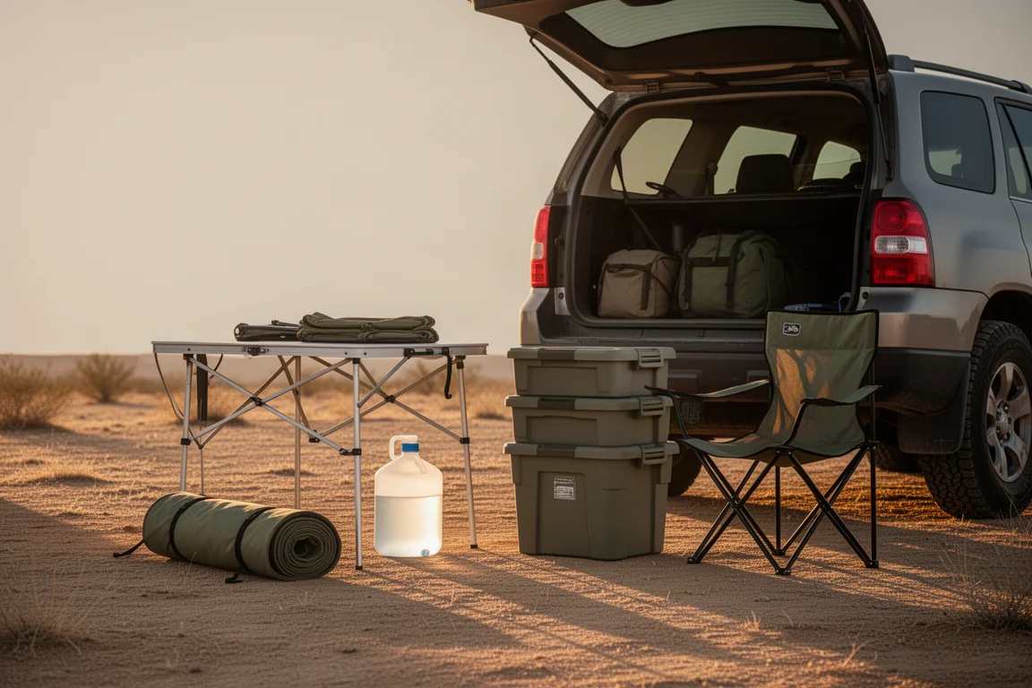 Beladene Car-Camping-Ausrüstung neben einer geöffneten Heckklappe zur goldenen Stunde