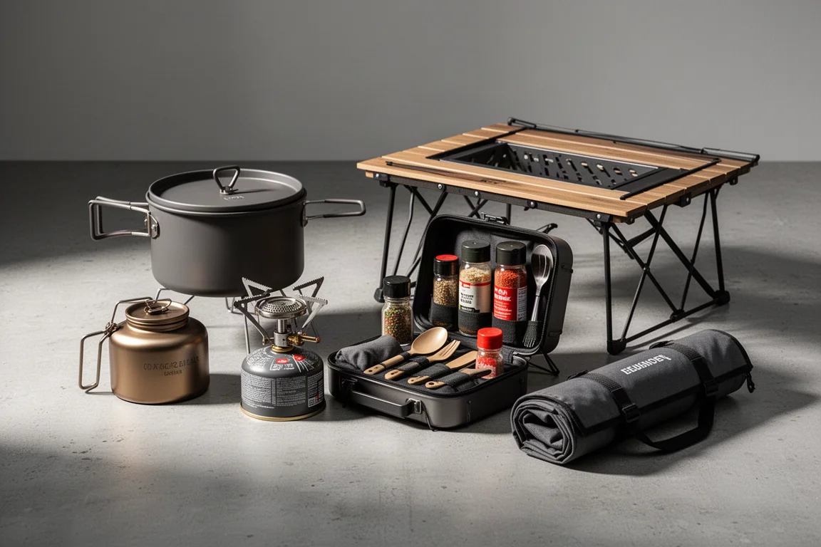 Car camping kit with pot, stove, kitchen kit, rolled table and fire pit on concrete